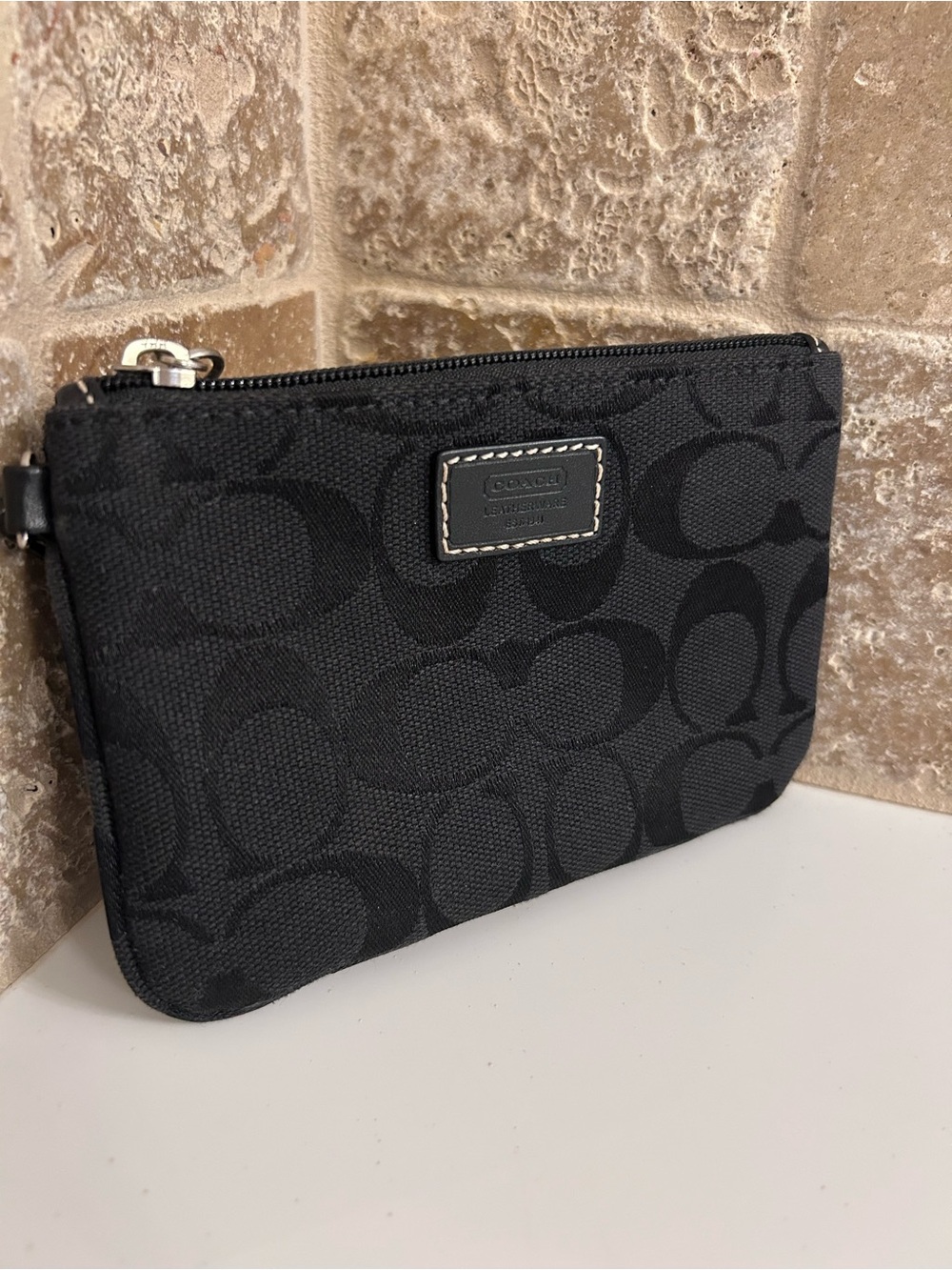 Coach Black Signature Zip Wristlet Pouch with Logo Patch